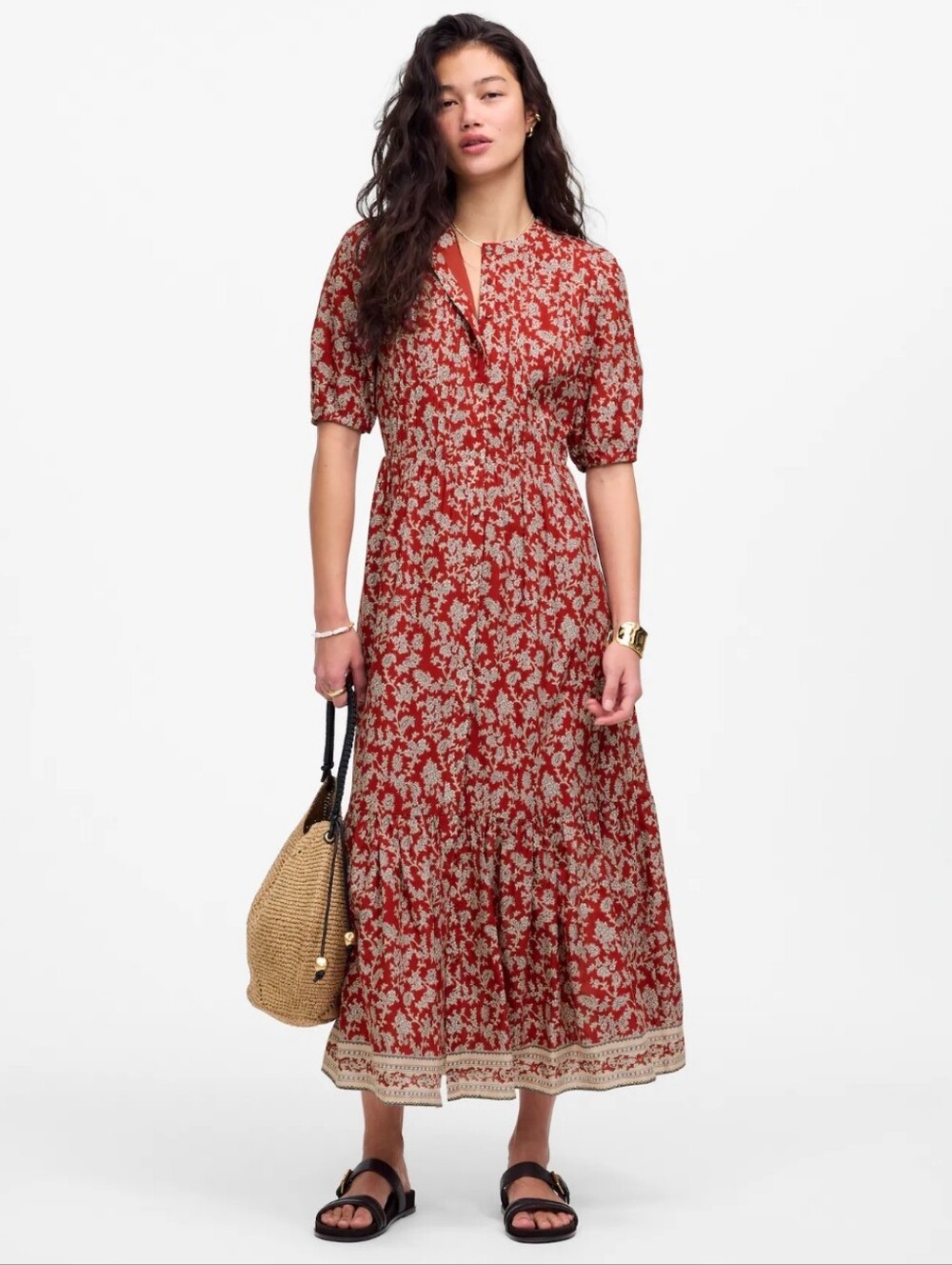 Madewell Pintucked Puff-Sleeve Midi Dress Floral Size 0